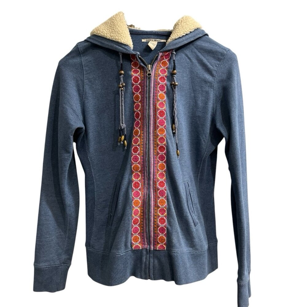Lucky Brand Hoodie Womens M Blue Fleece Lined Aztec Embroidered 90s Y2K Western